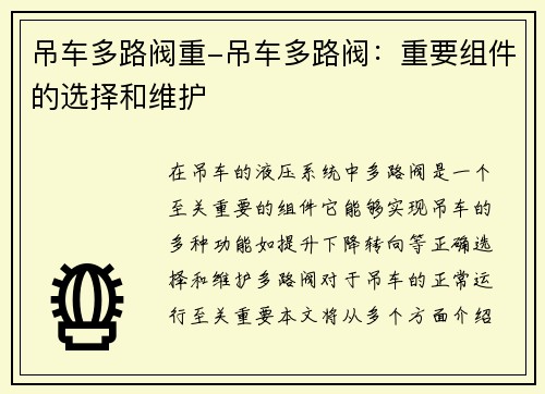 吊车多路阀重-吊车多路阀:重要组件的选择和维护 吊车多路阀重-吊车多路阀:重要组件的选择和维护