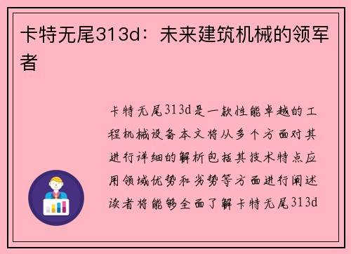 卡特无尾313d:未来建筑机械的领军者 卡特无尾313d:未来建筑机械的领军者